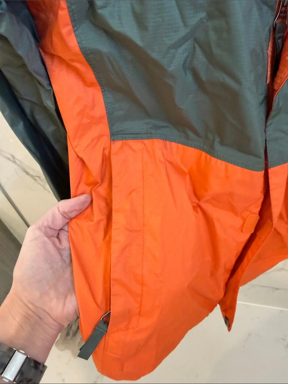 Marmot Kids Two-Tone Olive and Bright Orange Hooded Rain Jacket